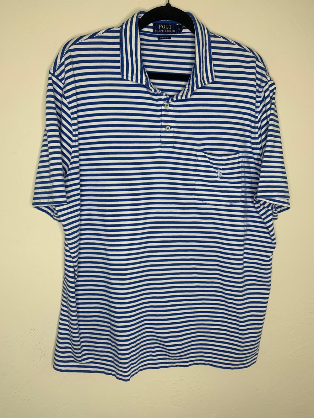 Polo Ralph Lauren Blue White Striped Polo Shirt Pocket Embroidered Horse Sz XL